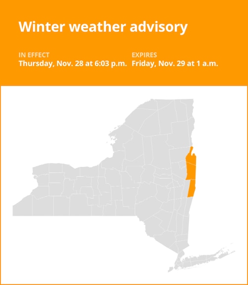 NY weather update: Winter weather advisory for Washington and Rensselaer counties until 1 a.m. Friday