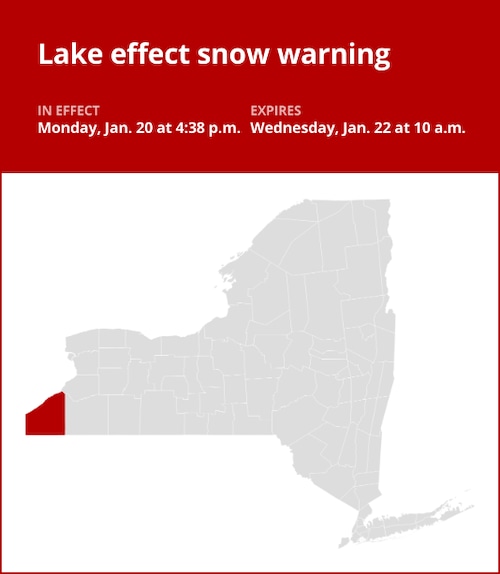 NY weather update: Lake effect snow warning affecting Chautauqua County until Wednesday morning