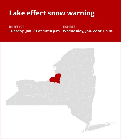 NY weather update: Lake effect snow warning affecting Oswego County until Wednesday afternoon