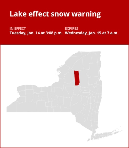 NY weather update: Lake effect snow warning for Herkimer County until Wednesday morning