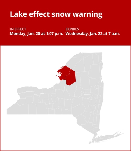 NY weather update: Lake effect snow warning for Jefferson and Lewis counties until Wednesday morning