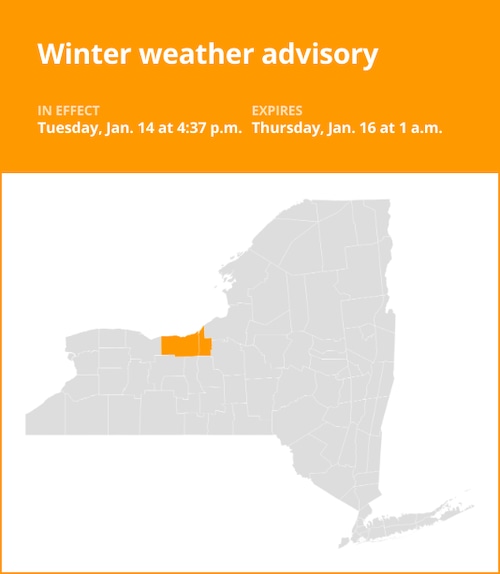 NY weather update: Wayne and Cayuga counties under a winter weather advisory until 1 a.m. Thursday